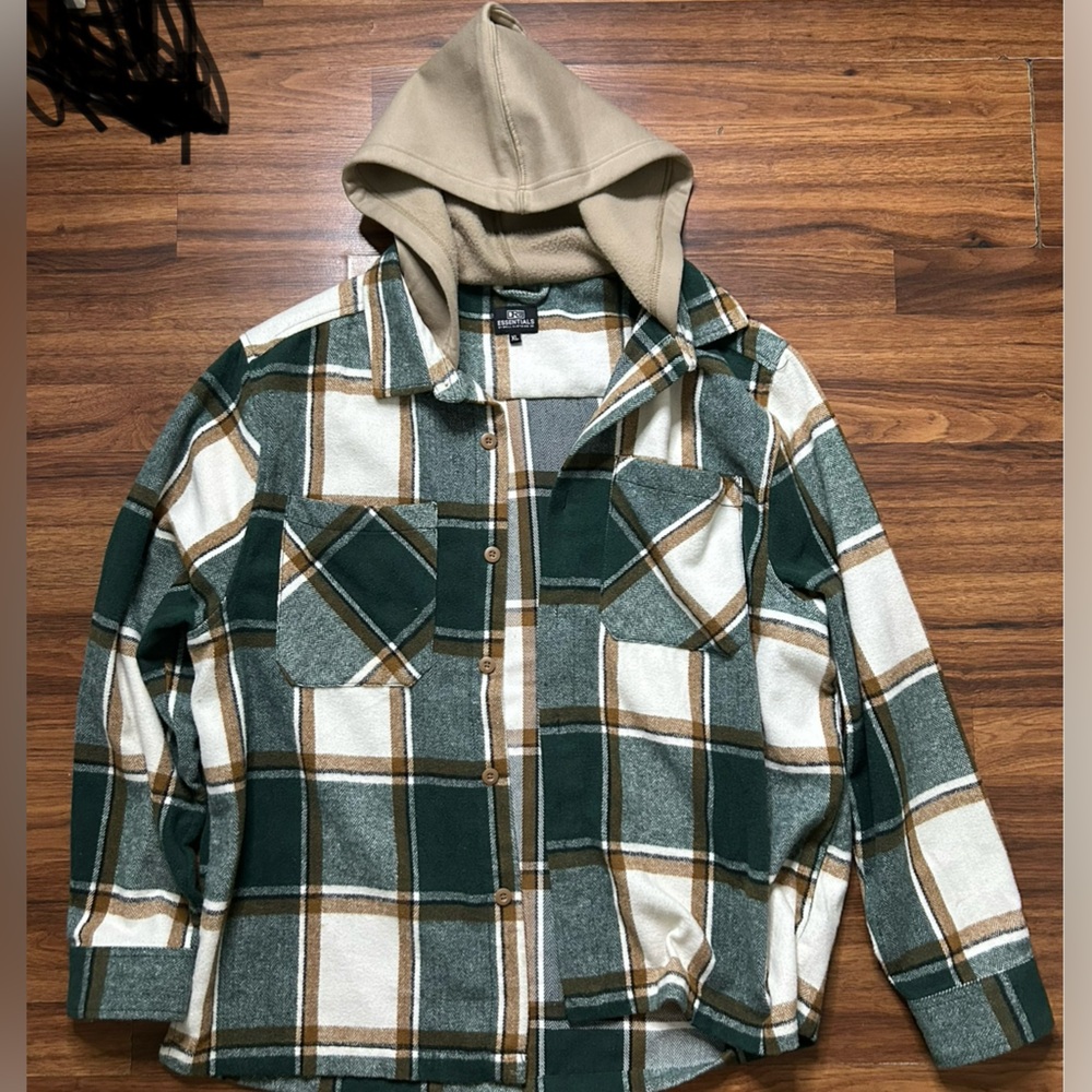 Men's Green Plaid Shirt Jacket flannel hoodie S: XL